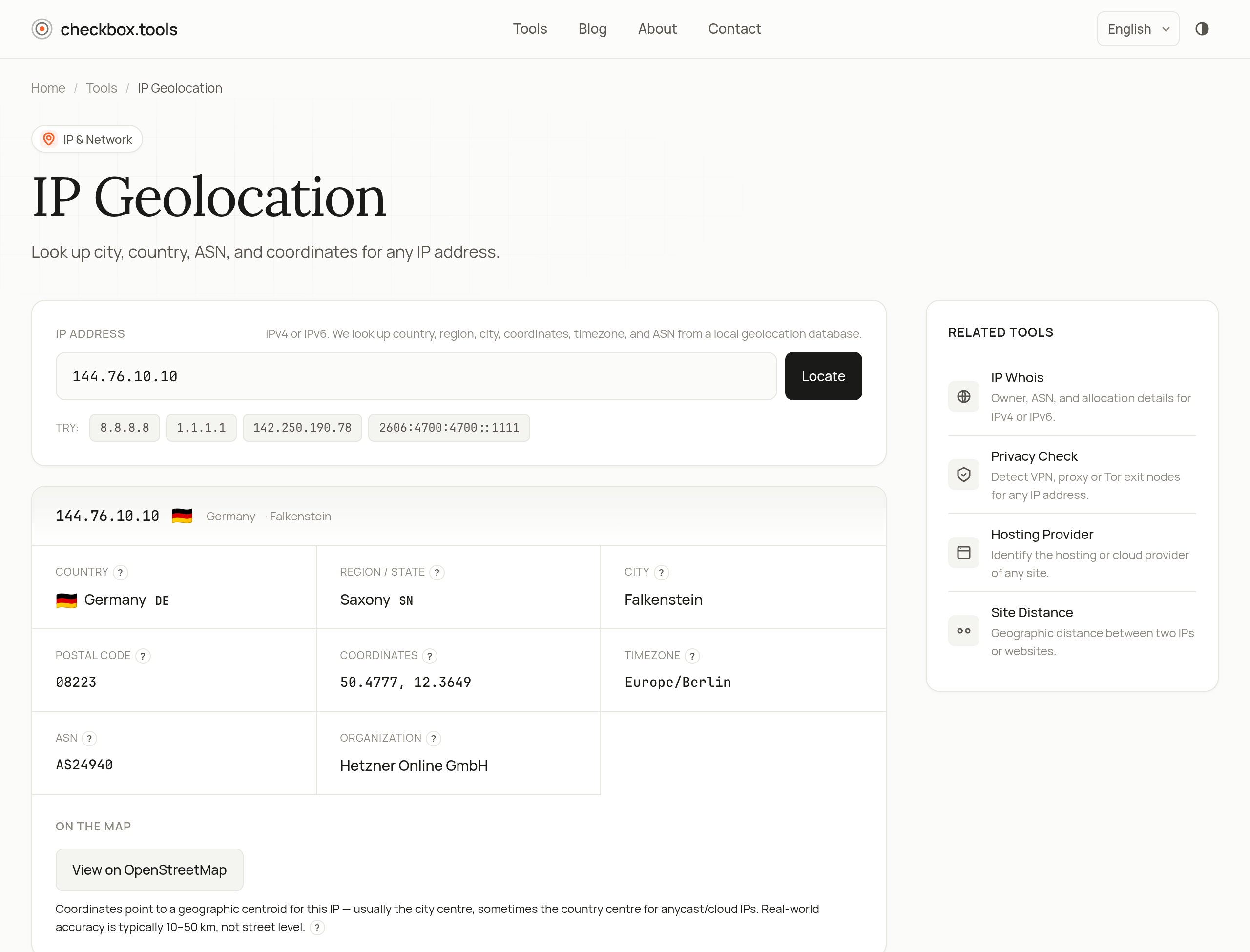 IP geolocation result for 144.76.10.10 in our tool: Germany, Saxony, Falkenstein, AS24940 Hetzner